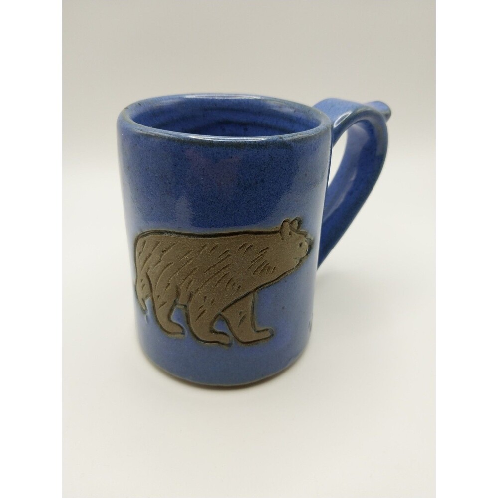 Artisan Hand-Carved Blue Stoneware Bear Mug – Signed Studio Pottery
